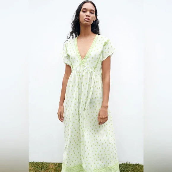 Zara | Dresses | Nwt Zara Midi Embroidered Rustic Dress White Green Size  Large | Poshmark